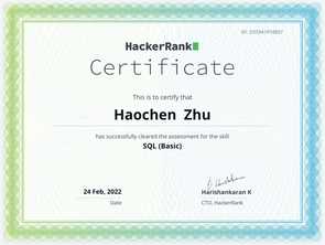 HackerRank SQL (Basic) Certificate | Haochen (Keira) Zhu